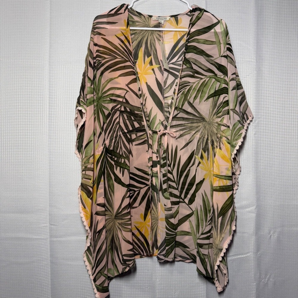 Francesca's‎ Palm Leaf Kimono Wrap S Pink Tropical Crochet Trim Coverup